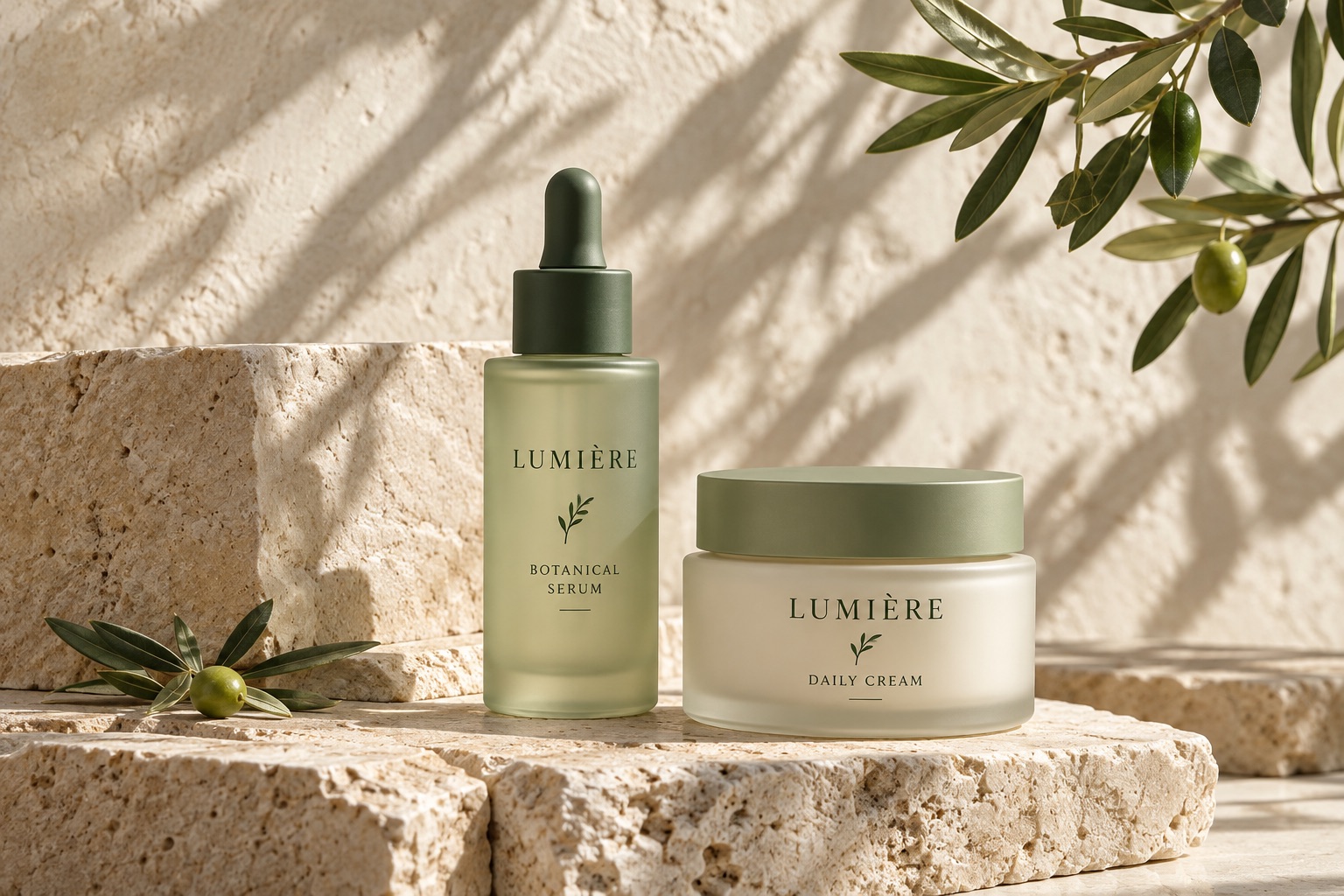 Sage green serum and cream on a stone surface in natural light